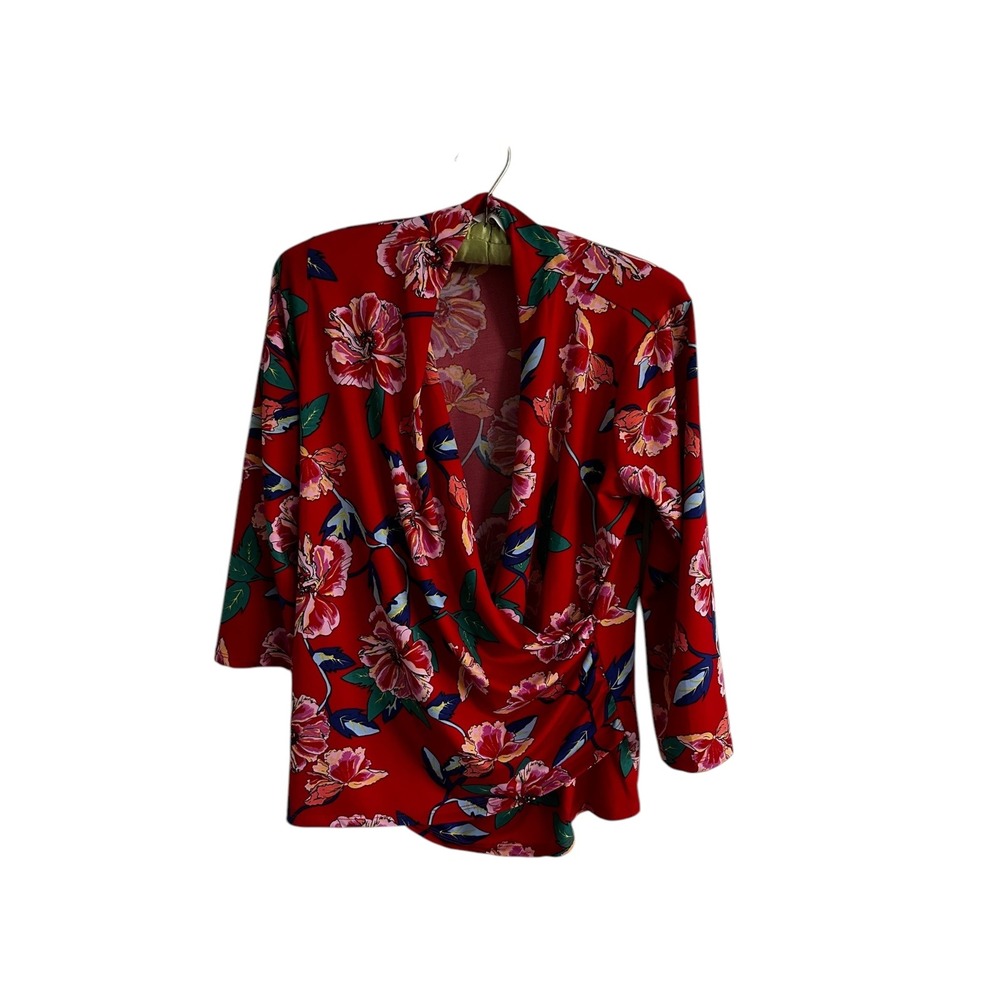 Allison Taylor Floral Print Blouse Draped Neckline‎ Red Career Top